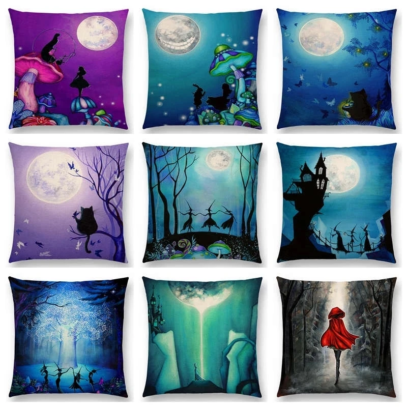 

Double print Cat Magical Moon Night Wonderland Forest Witches Halloween Dance Cushion Cover Sofa Throw Pillow Case 45x45cm