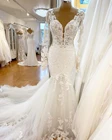 Женское кружевное свадебное платье с юбкой годе, белое платье с длинным рукавом, V-образным вырезом и открытой спиной, в винтажном стиле бохо, 2022