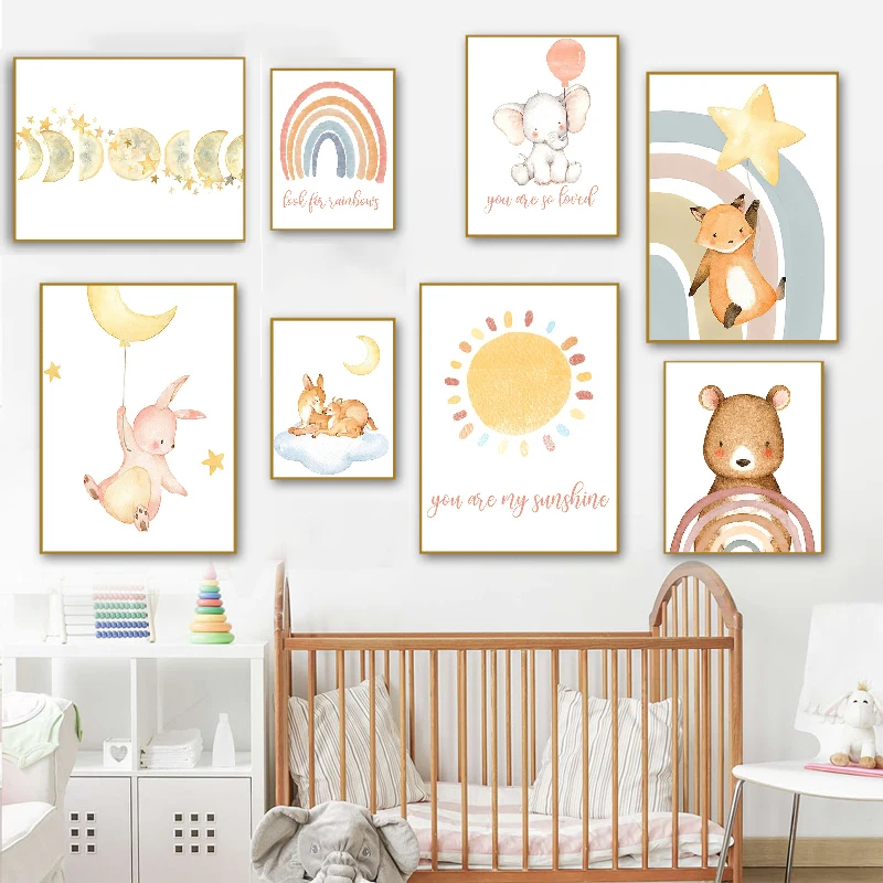 

Скандинавский стиль, бохо, радуга, солнце, лиса, медведь, олень, слон, зайчик, детская Настенная картина, картины, декор детской комнаты