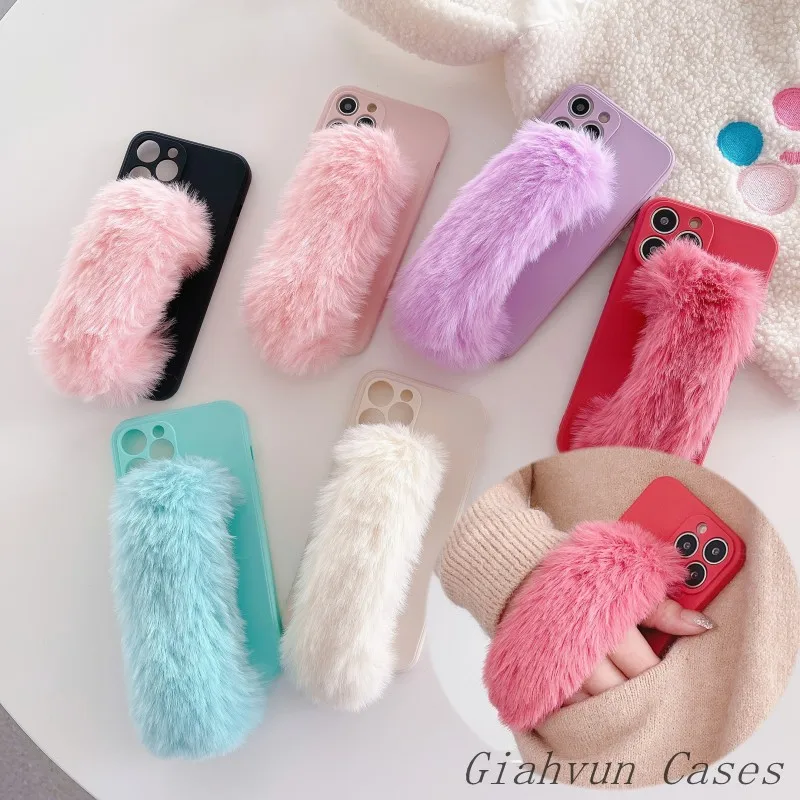 

Rabbit Fur Wrist Strap Bracket Phone Case For Samsung Galaxy J1 ACE J2 J3 J4 J5 J6 J7 Plus Pro Prime + M10 M32 M62 Candy Cover