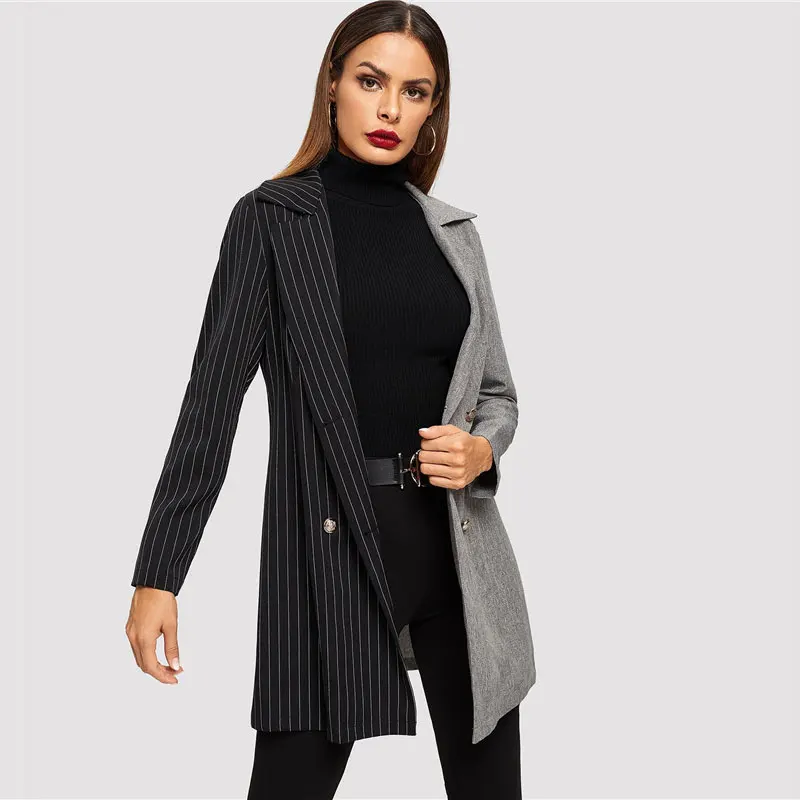 ROMWE Notch Collar Colorblock Striped Coat Women Blazer Autumn Fashion Ladies Jackets Fall Elegant Black Double Breasted Blazer