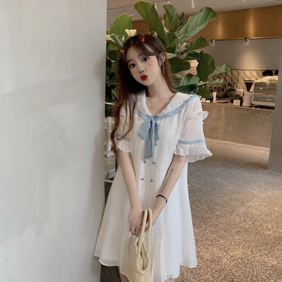 Белый Женские летние Kawaii милые платья Ins Chic Ins милое платье с воротничком для куклы Женская милая панк-Одежда Harajuku для женщин пляж - Цвет: Белый