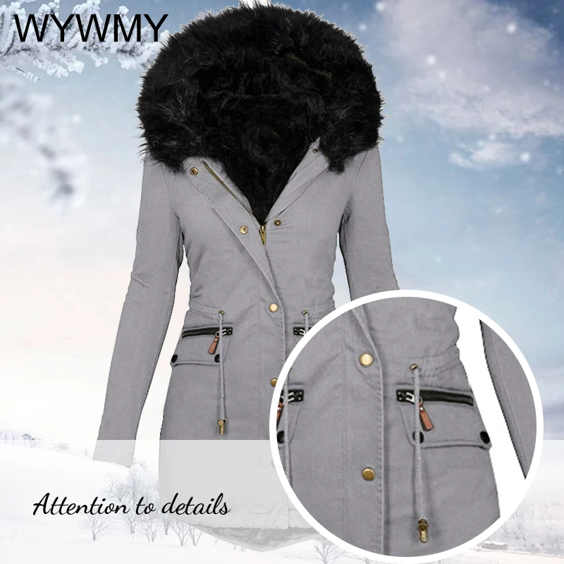 WYWMY Women Winter Jacket Wool Liner Parkas Thick Warm Mid-Long Jackets Hooded Parka Fur Inside Cotton Coat Female Plus size 5XL