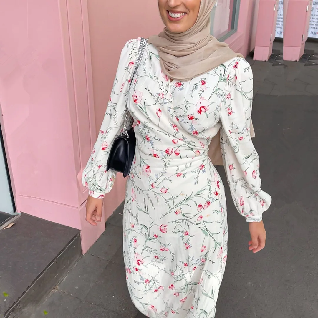Мусульманские женские платья с запахом и цветочным принтом, Abaya, Дубай, Турция, хиджаб, платье, мусульманская одежда, кафтан с длинным рукаво...