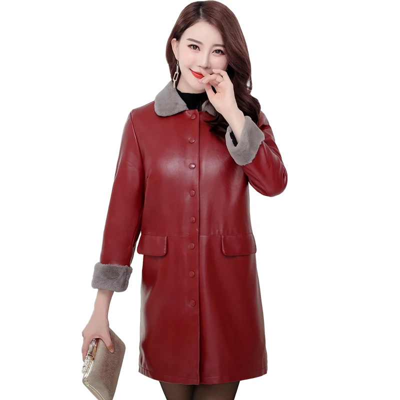 

2022 New Autumn Women's Leather Clothing Medium Long 5XL Coat Female Winter Chic PU Leather Thicken Jacket Streetwear Outerwear