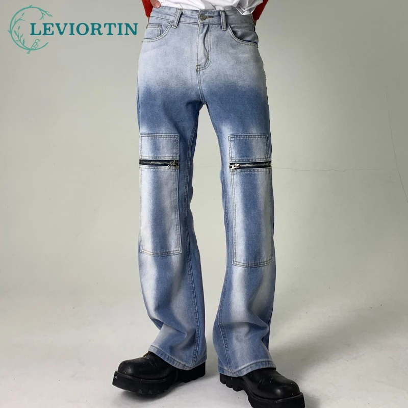 

High Street Front Zipper Pocket Washed Jeans Mens Oversize Wide Leg Straight Denim Flare Pants Retro Loose Casual Trousers