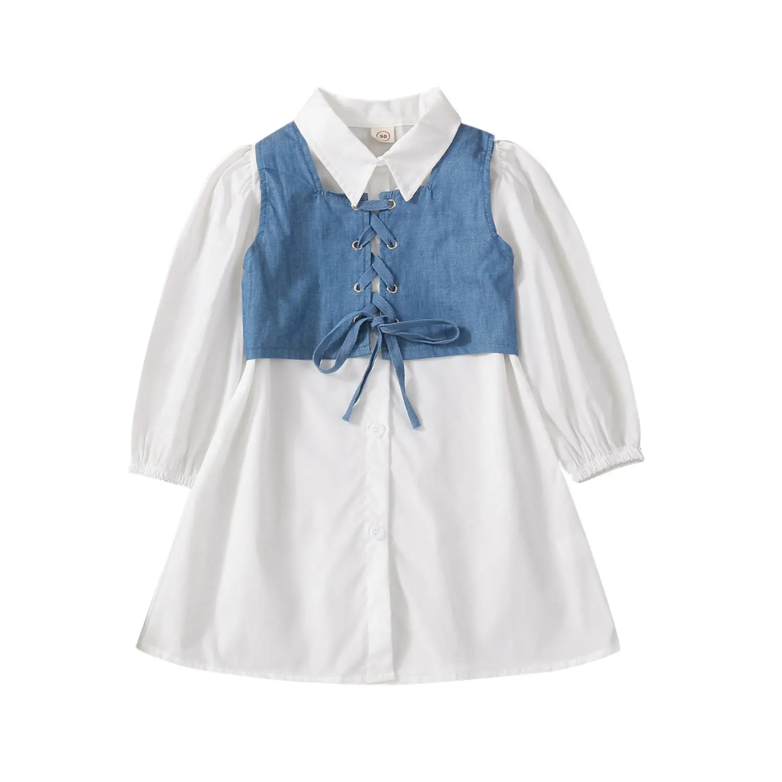 

Платье-рубашка с длинным рукавом и отложным воротником, однотонное + Джинсовая безрукавка с перекрестными лямками для детей, приблизительн...