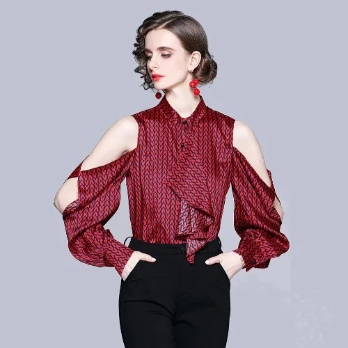 

Open Shoulder Sexy Blouse Women O neck Elegant chemise femme Ruffle Tie Tops Mujer blusas y camisas Shirts Clothes Button Up