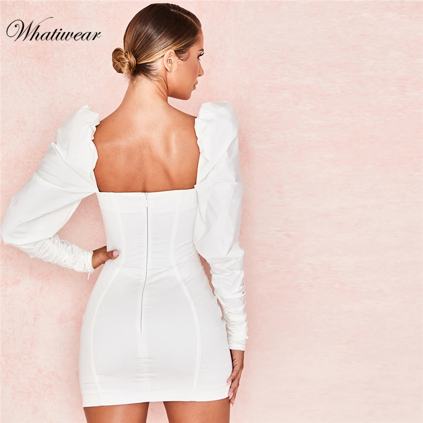 Whatiwear 2019 Summer Princess Dress Deep V Neck Party Streetwear Women Solid Long Sleeve Bodycon Vestidos de festa | Женская одежда