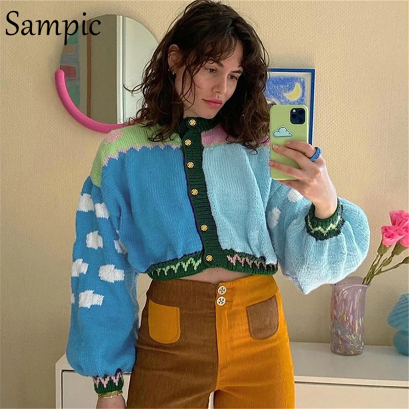 

Женский вязаный свитер с круглым вырезом, длинным рукавом и цветочным принтом