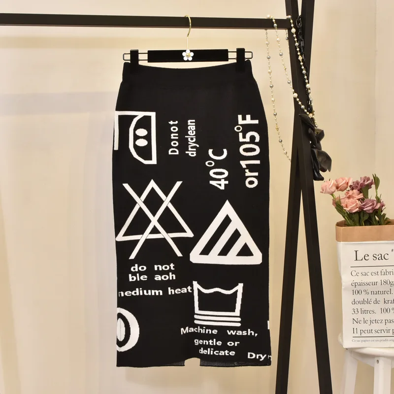 

Women's Autumn Skirt Knit Letters Split Winter Thick Soft Midi Pencil Skirts Japan Girl Harajuku Woman Faldas Female LS153