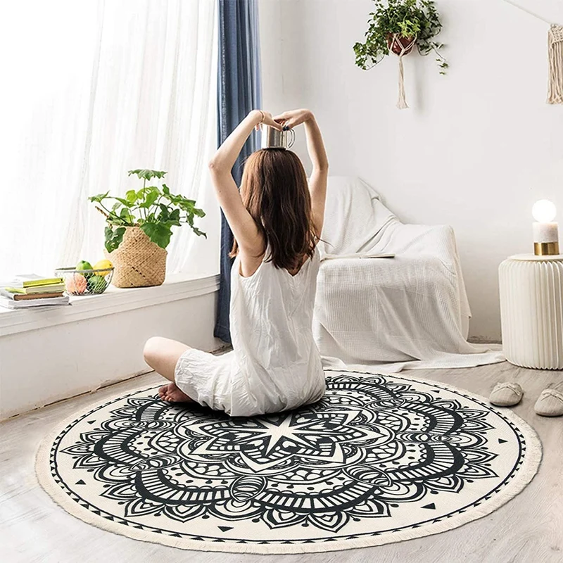 

Round Cotton Rug, Woven Tassel Pillow Rug, Decorative Area Rug, Suitable for Living Room, Bedroom, Kitchen, Bathroom