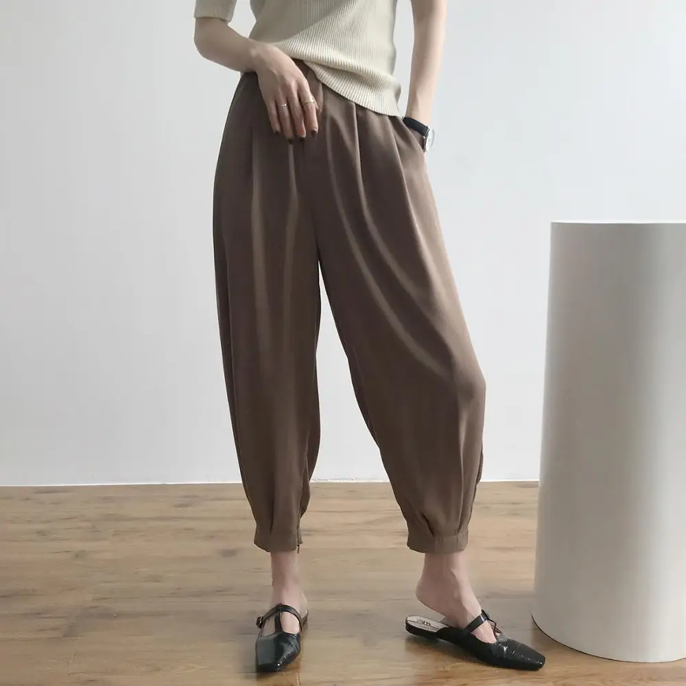 Женские брюки с высокой талией винтажные офисные до щиколотки широкими