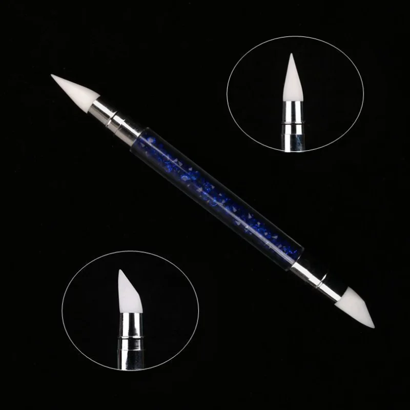 Dark blue Силиконовые ручки с двумя головками, 1 шт., 2 способа, для дизайна ногтей, скульптура, ручки, стразы, акриловая ручка для выбивания, резьбы, ремесло, лак, инструмент для маникюра - Цвет: Dark blue