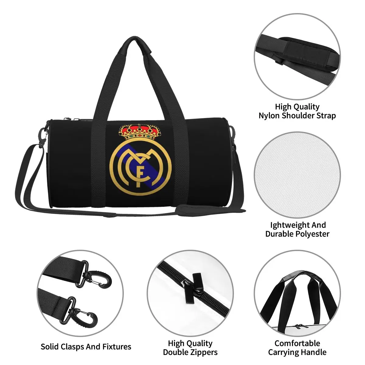 

Real Madrid. Universal travel sports and fitness shoulder bag. Nylon portable outdoor sports bag. Dry and wet separation bag