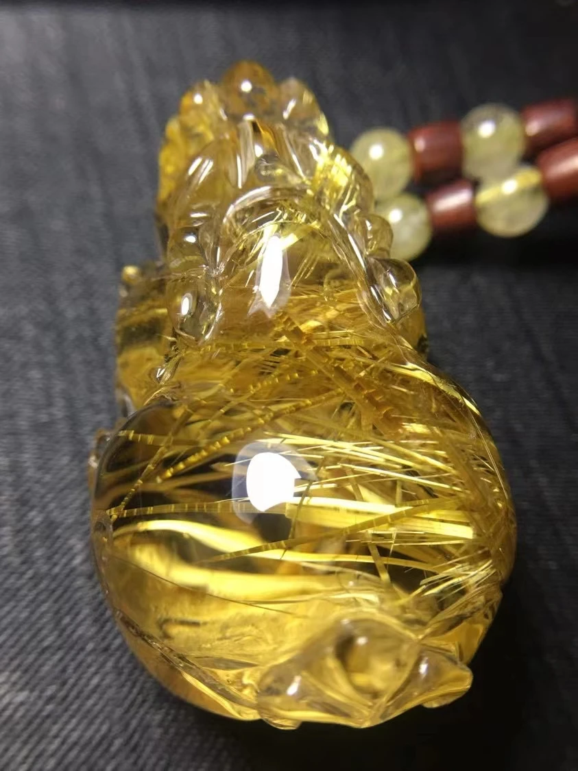 

Natural Gold Rutilated Quartz Titanium Pendant Pi Xiu Carved 40*26*19mm Crystal necklace AAAAA