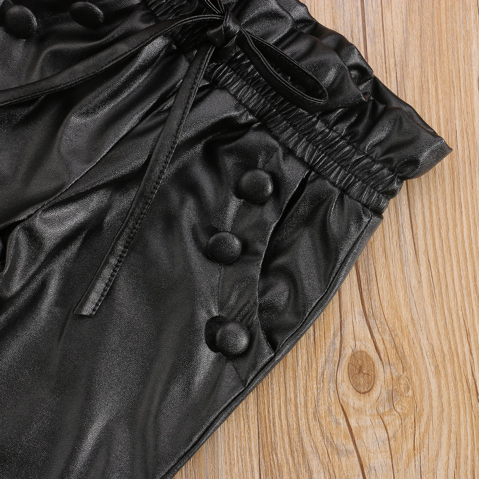 

2 Pcs Toddler Casual Outfits Girls Ribbed Long Sleeve High Collar Pullover + Leather Pants with Pockets Drawstring