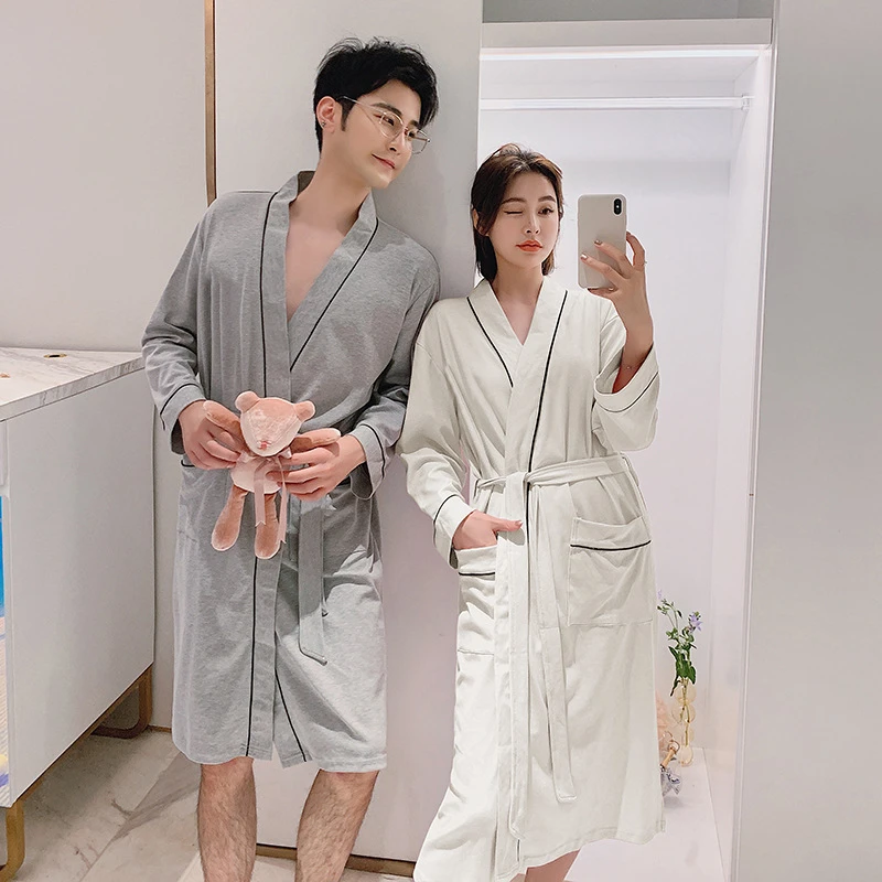 

Hotel night gown cotton simple pure color absorbent pajamas unisex ladies yukata couple home service beauty salon gown pijamas