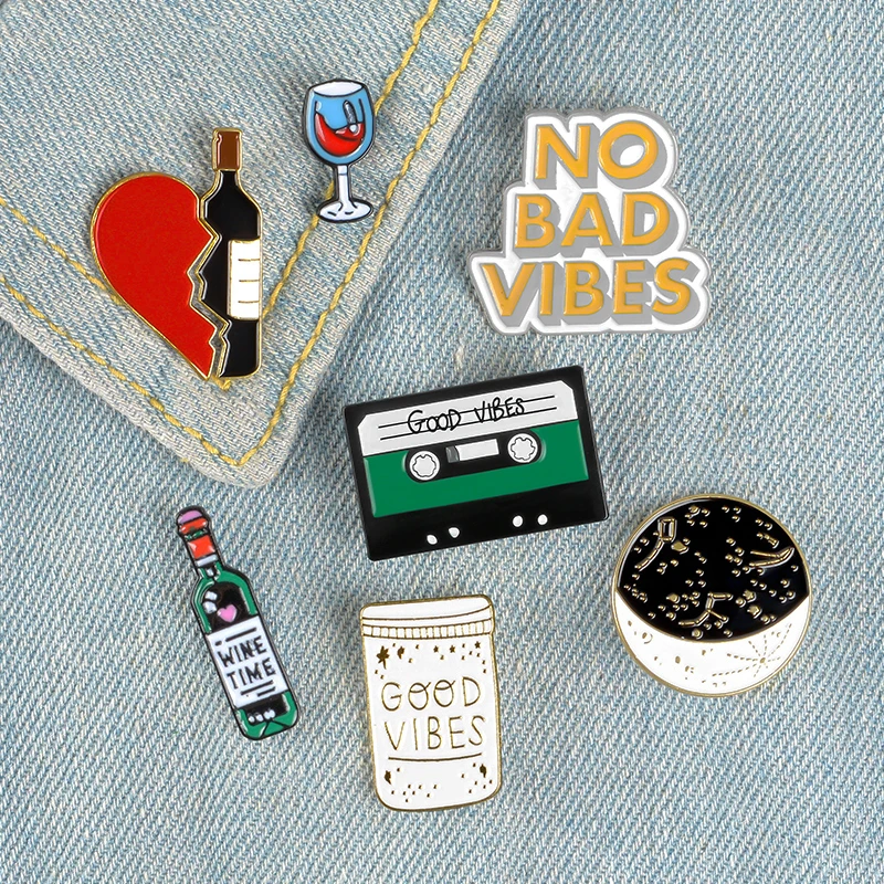 Moon Night Dating Enamel Pins GOOD VIBE Wine Music Badges Custom Brooches Bag Clothes Lapel Black Jewelry Gift for Lovers