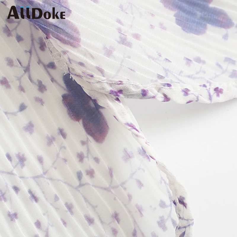 

ALLDOKE vintage floral print women blouse summer o neck long sleeve ruched shirt tops femme ladies casual blouses blusas mujer