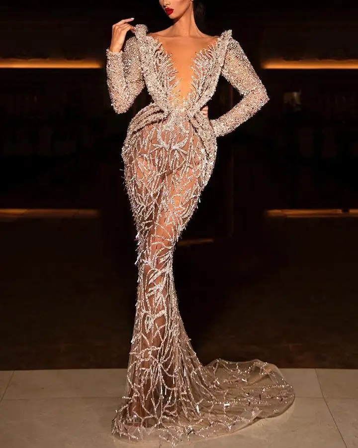 

Champagne Luxury V-Neck Sexy Mermaid Evening Dresses 2021 Diamond Feathers Long Sleeve Formal Dress