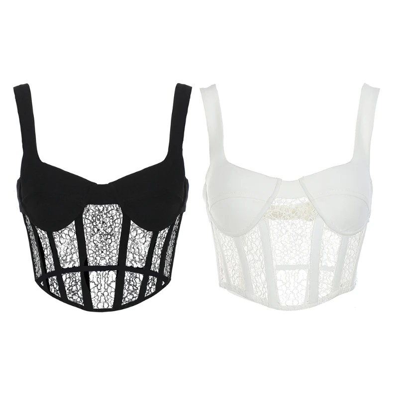 

Women Sexy Sleeveless V-Neck Bustier Bralette Hollow Out Sheer Lace Mesh Corset Camisole Fish Boned Back Zipper Crop Tank Top Ci