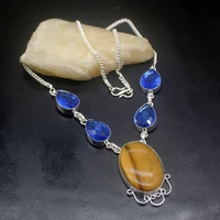 gemstonefactory jewelry big promotion single unique 925 silver blue topaz tiger eye women necklace 46cm 20210062