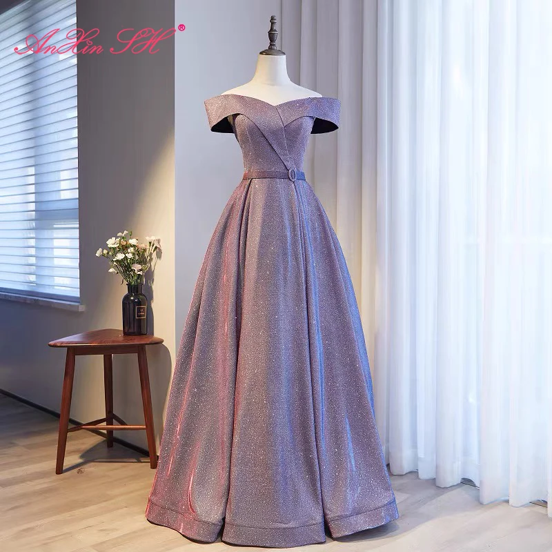 

AnXin SH princess silvery velour evening dress vintage party boat neck sleeveless sashes bride sparkly a line evening dress