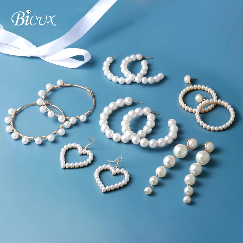 

BICUX Big Simulated Pearl Earrings 2019 For Women Lover Geometric Gold Round Heart Drop Dangle Earring Korean Statement Jewelry