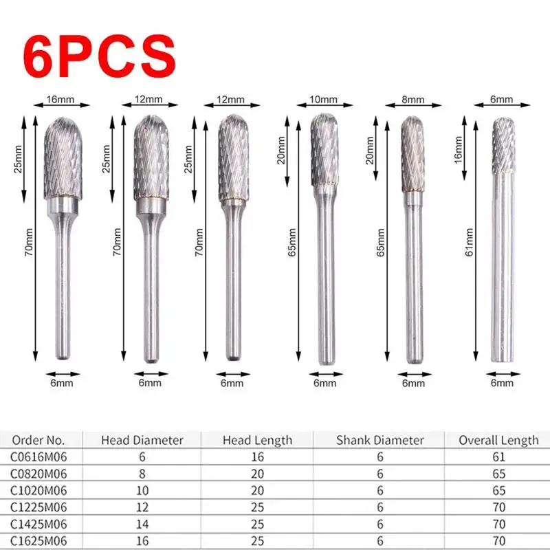 

1/6 PCS Rotary File C Type Double Slot Hard Metal Rotary Burr Tungsten Steel Rotary Boring Cutter File Tool 6mm-16mm
