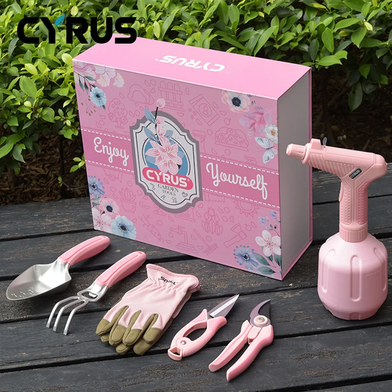 CYRUS Garden Tools Set Gardening Gloves Electric Sprayer 1L Trowel Shovel Hand 6Pcs Floral Pink Women Gift Bonsai Florist |
