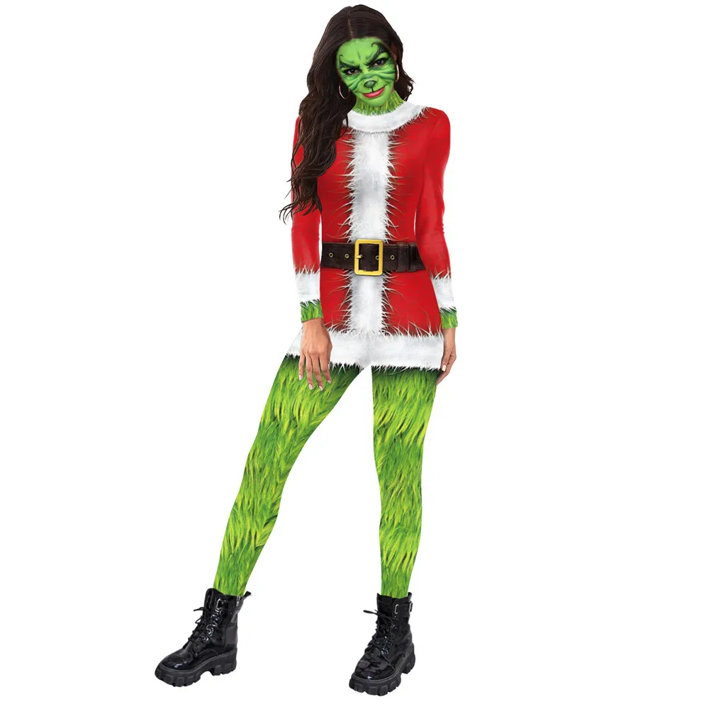 FCCEXIO Xmas Grinch 3D Print Women Jumpsuit Carnival Fancy Party Cosplay Costume Bodysuit Adults Christmas Onesie Outfits images - 6