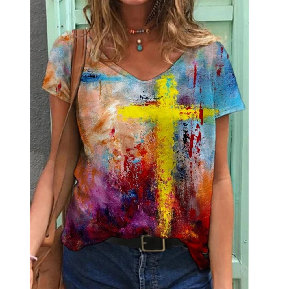 

2021 European and American new women's printed short sleeve V-neck casual T-shirt shirt