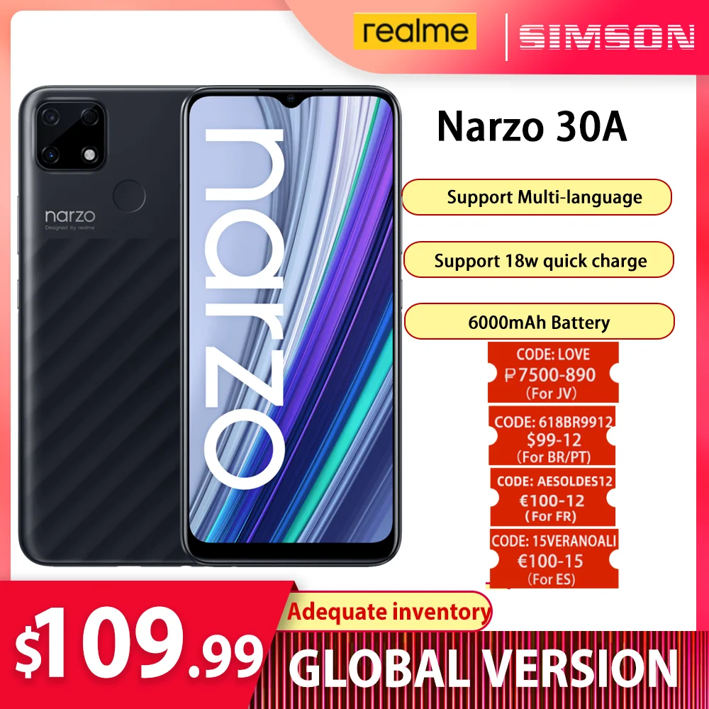 Смартфон глобальная версия realme Narzo 30A 3/4 Гб + 32/64 ГБ Helio G85 6 5 дюйма 13 МП двойная