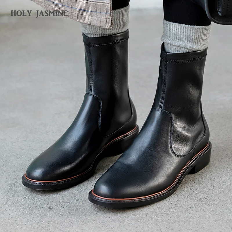 

2020 New Spring/Autumn Chelsea Boots for Women Genuine Leather Short Plush Low Med Square Ankle Boots Slip on Round Toe Shoes
