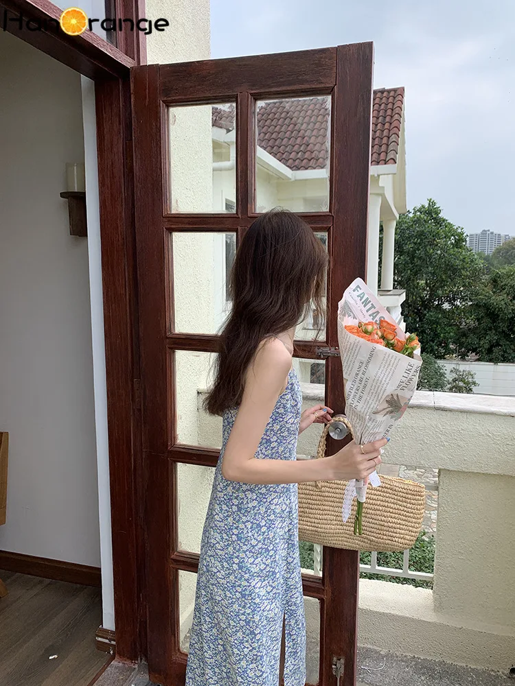 

2021 Summer Women Floral Camisole Dress Split Slim Gentle Temperament Midi Dress Spaghetti Strap