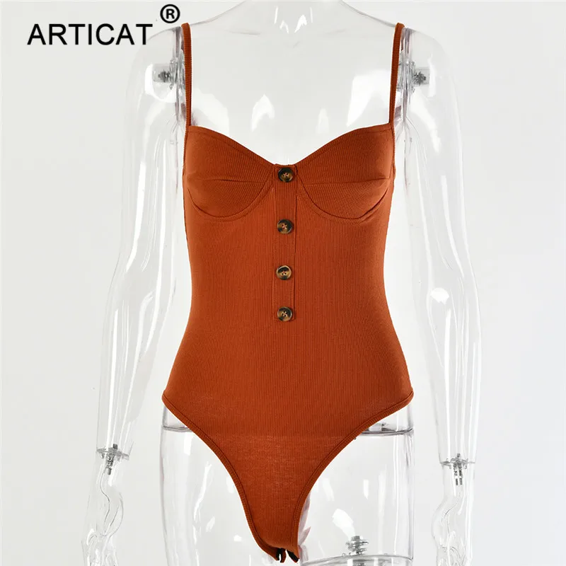 Picture color Articat Knitted Spaghetti Strap Sexy Bodysuit Women Tops Backless Buttons Bodycon Rompers Women Jumpsuit Basic Party Overalls - Цвет: Picture color