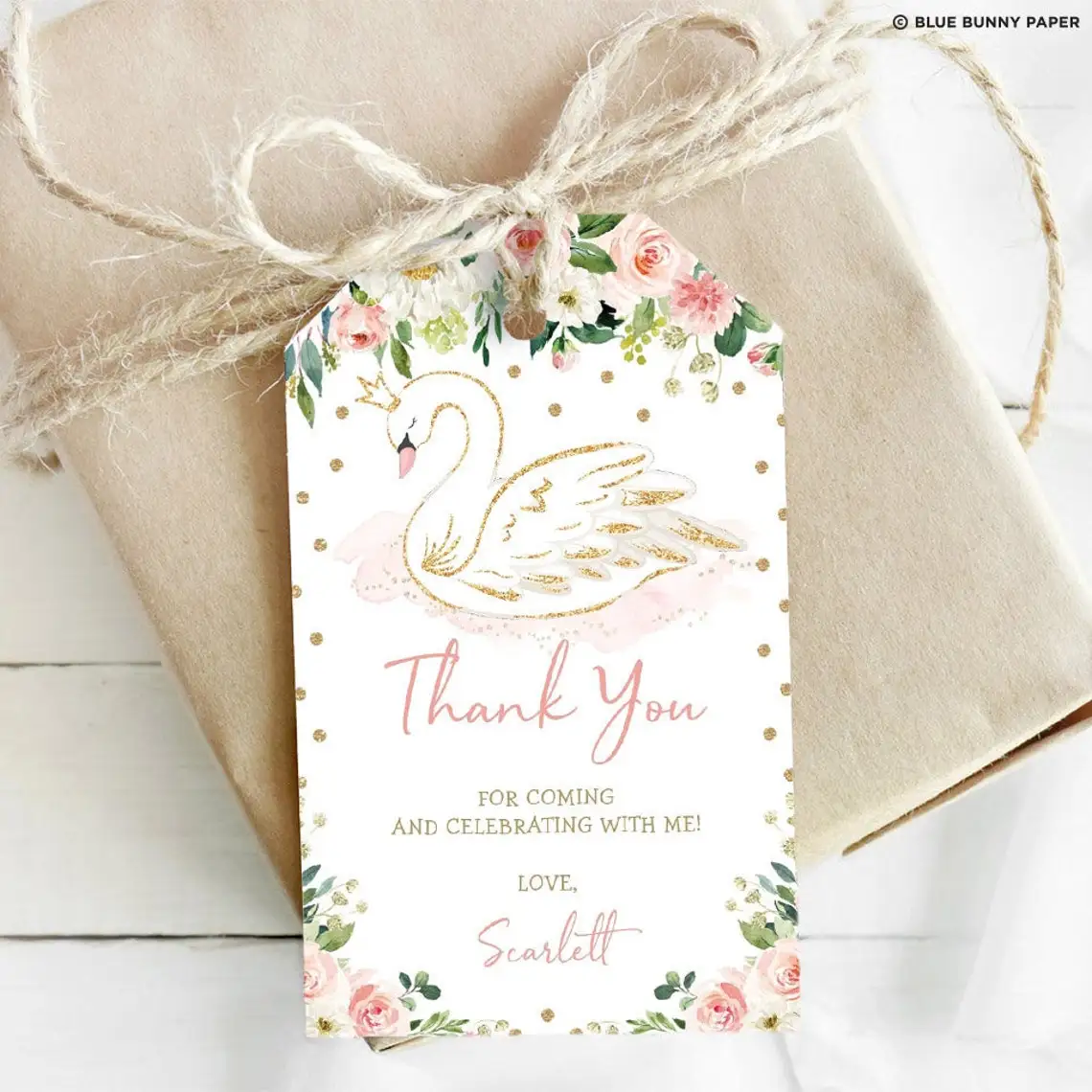 Swan, Blush Gold Floral Baby Shower, Custom Tags, Personalized Baby Shower Tags Candy Favors Gift Boxes, Birthday Tags