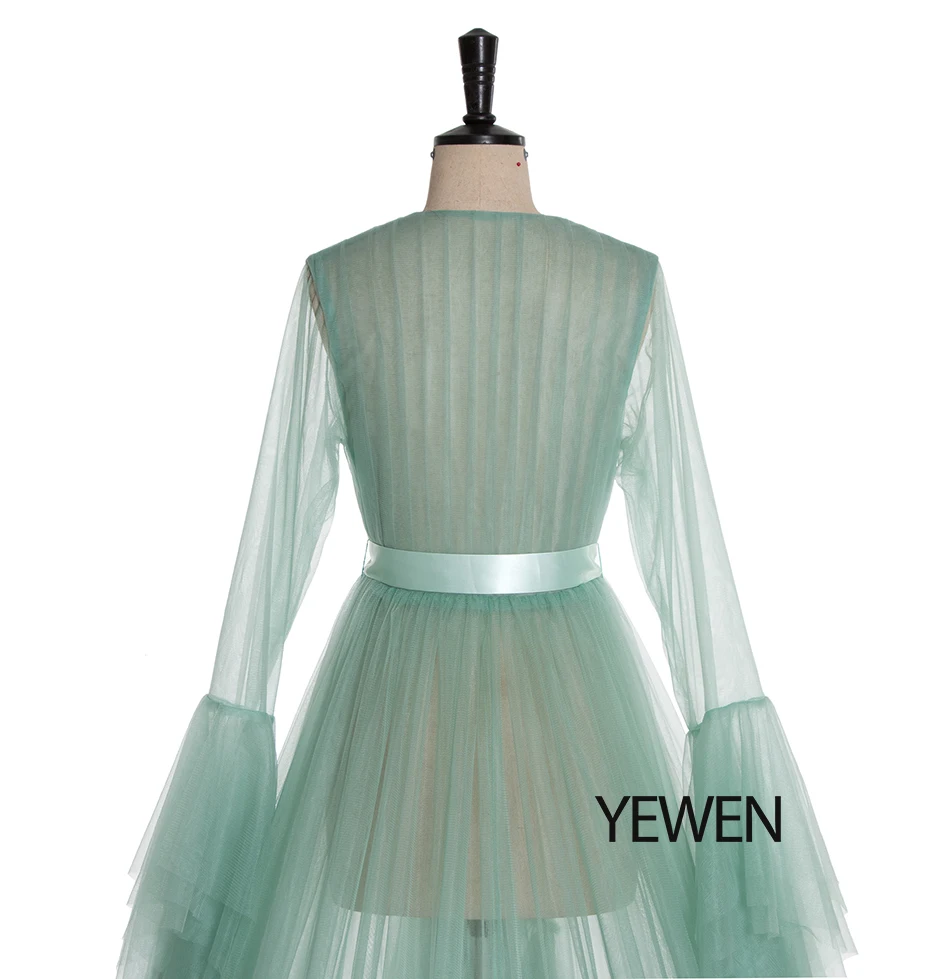 Зеленое, с длинным рукавом вечернее платье вечерние платья Robe De Soiree Формальные Выпускные платья пояс Топ вечерние платья YeWen фотография платье