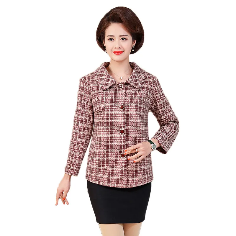 

Middle-aged Women's Coats 2020 Spring Autumn Ladies Blended Woolen Coat Short Thin Lattice Wool Jacket Outerwear Plus Size 5XL