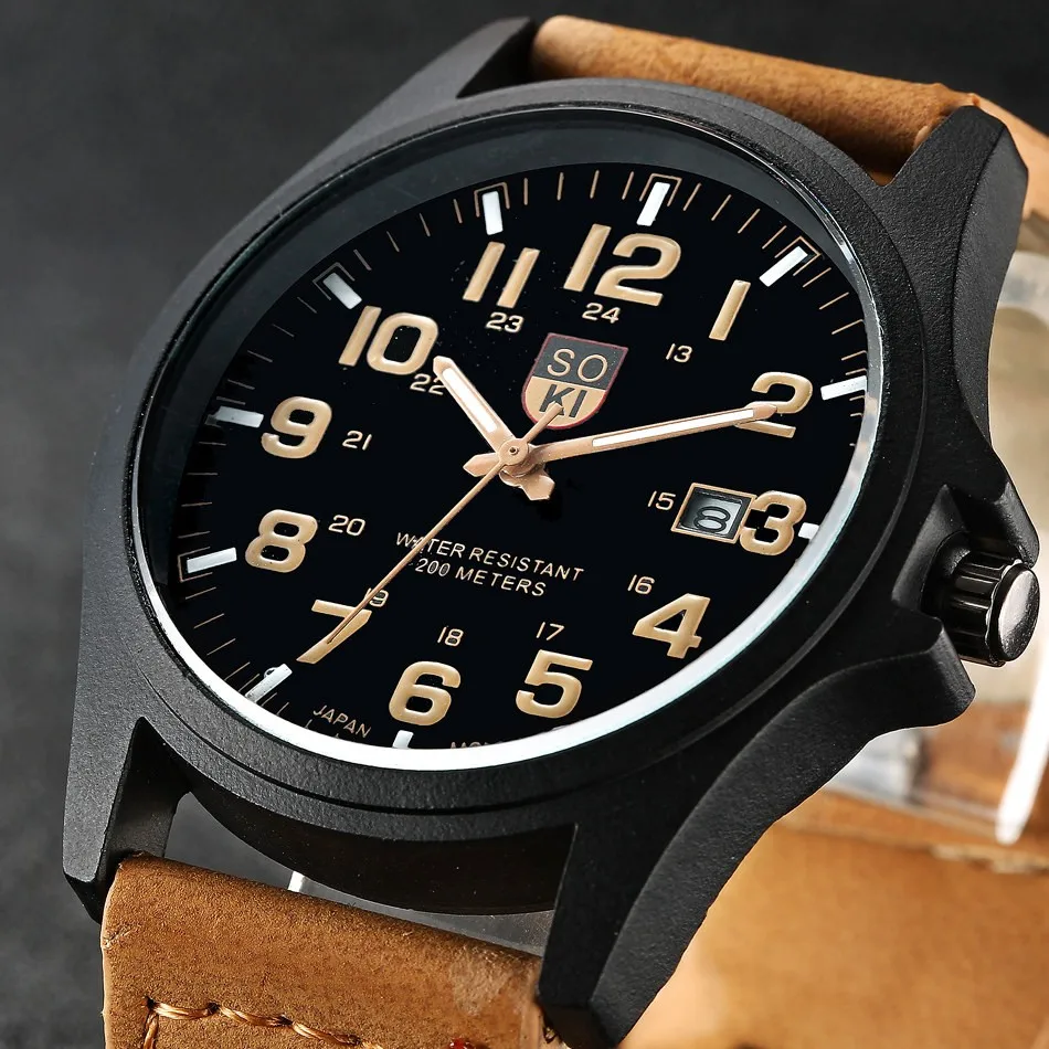 

Brand Sport Military Watches Fashion Casual Quartz Watch Leather Analog Men 2019 New SOKI Luxury Wristwatch Relogio Masculino