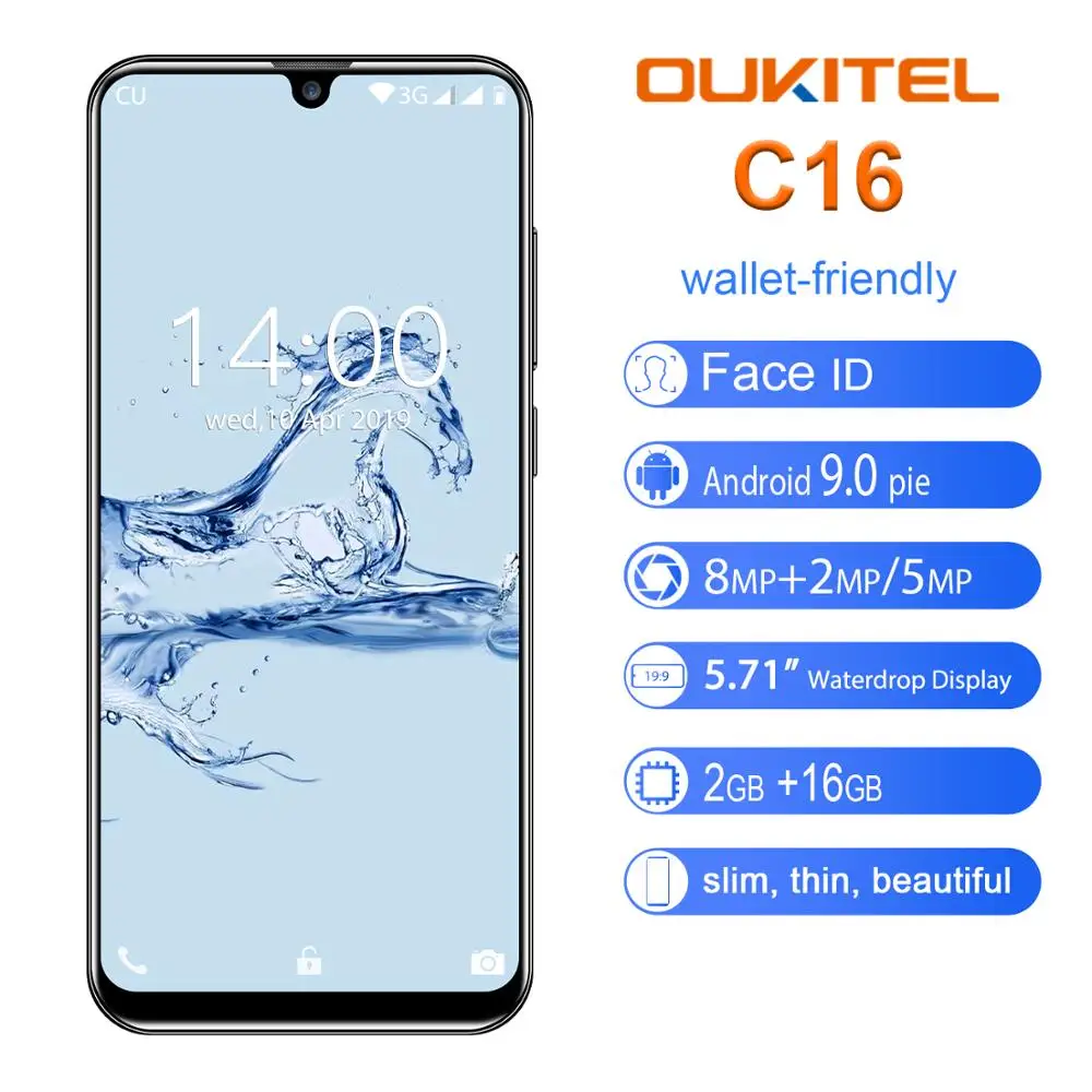Смартфон OUKITEL C16 экран 5 71 дюйма HD + Waterdrop 2 Гб ОЗУ 16 ПЗУ MT6580P Android 9 0 мобильный телефон