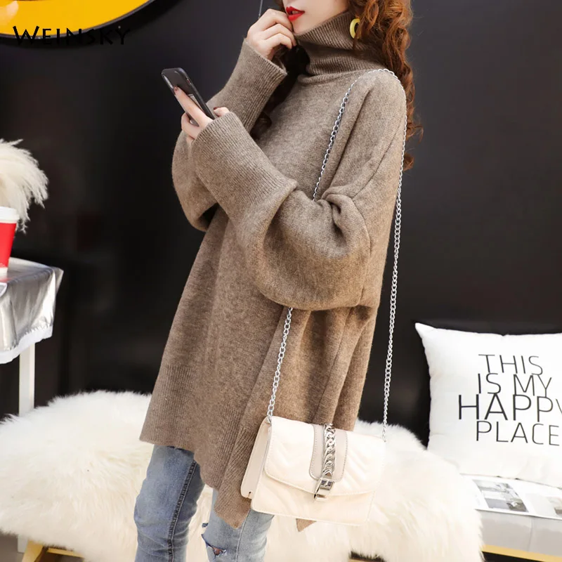 Женская водолазка оверсайз вязаный свитер пуловеры в Корейском стиле Осень-зима