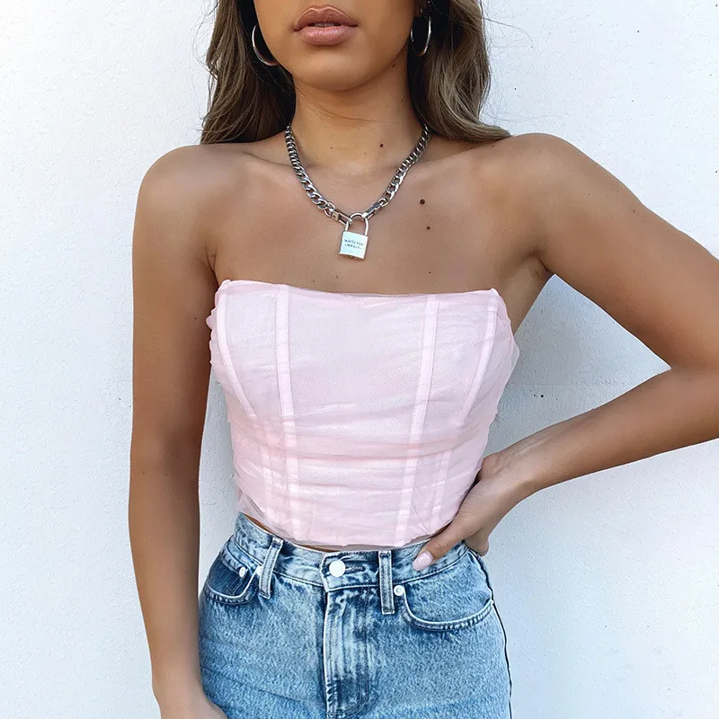 

Summer Mesh Patchwork Vest Straight Crop Jacket Sleeveless Strapless Strapless Solid Mesh Girdle Bling Bottom Streetwear Beauty