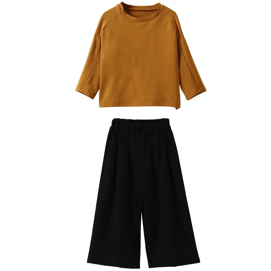 

Spring Girls Clothing Set 4-13 Year Minimalist Cotton Long Sleeve T Shirt + Loose Wide Leg Pants Set Teens Beauty Suit For Girls