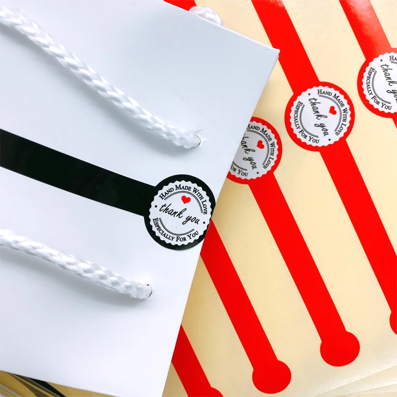 

50 Pcs/lot Red Black Thank you Hand made with love Long strip Kraft Label Sticker DIY For Gift Cake Baking Sealing ticker