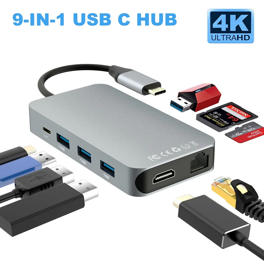 Серебристый 9 в 1 Тип C на HDMI/RJ45/HDMI 4K концентратор USB/SD/TF многофункциональная док-станция для Macbook Pro samsung S9 thunderbolt 3 USB C - Цвет: Серебристый