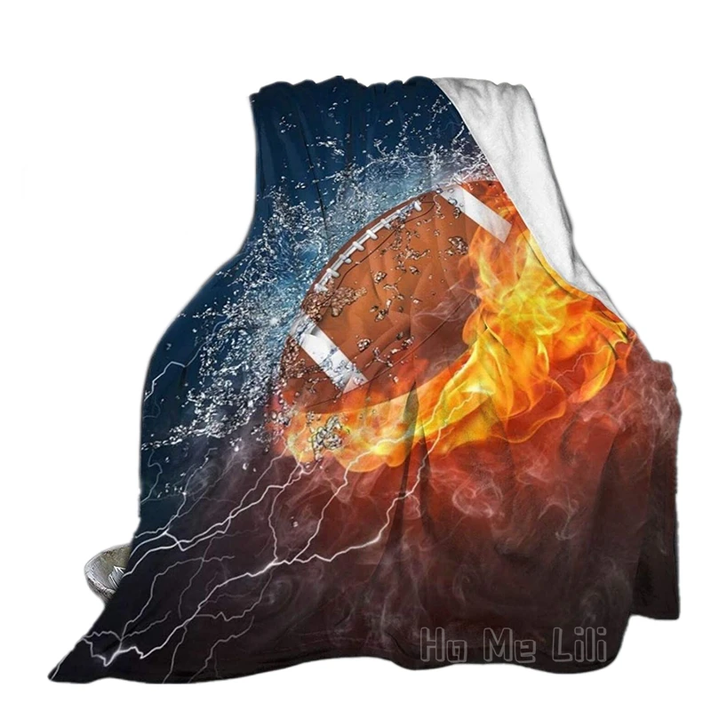 

American Football Rugby In Fire And Water Flame Soft Cozy Warm Flannel Blankets For All Seasons Adults Camping Use