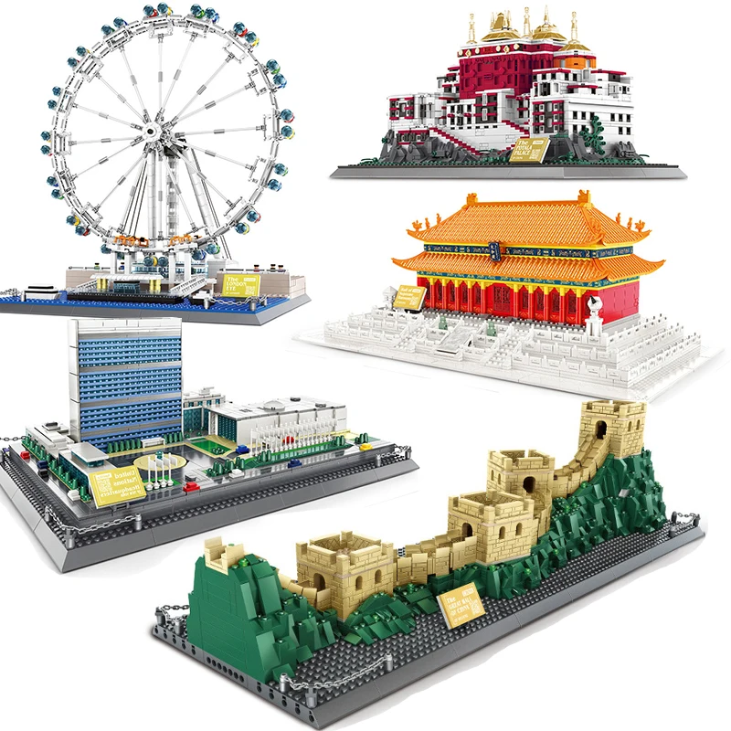 

Wange City Architecture Taj Mahal Eiffel Tower Louvre Pair London Bridge Russia New York Model Building Blocks Construction toys