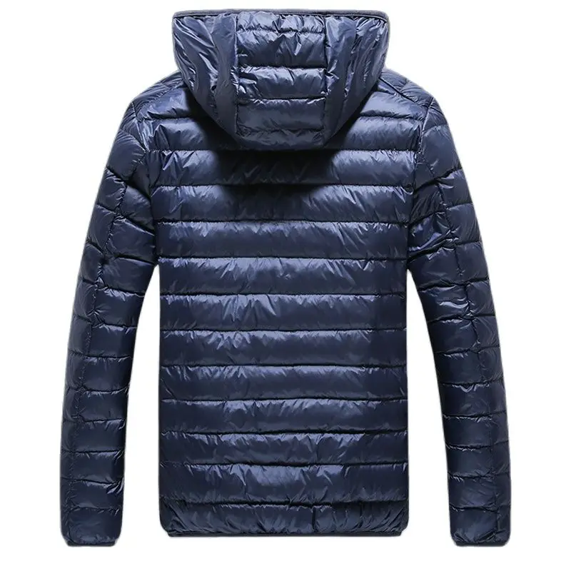 Королевский синий пуховик с капюшоном для мужчин зимний белый пухом на молнии